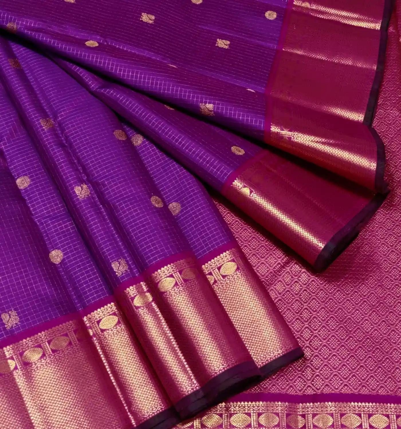 Elegant Violet Silk Saree with Contrast Pink Zari Woven Border